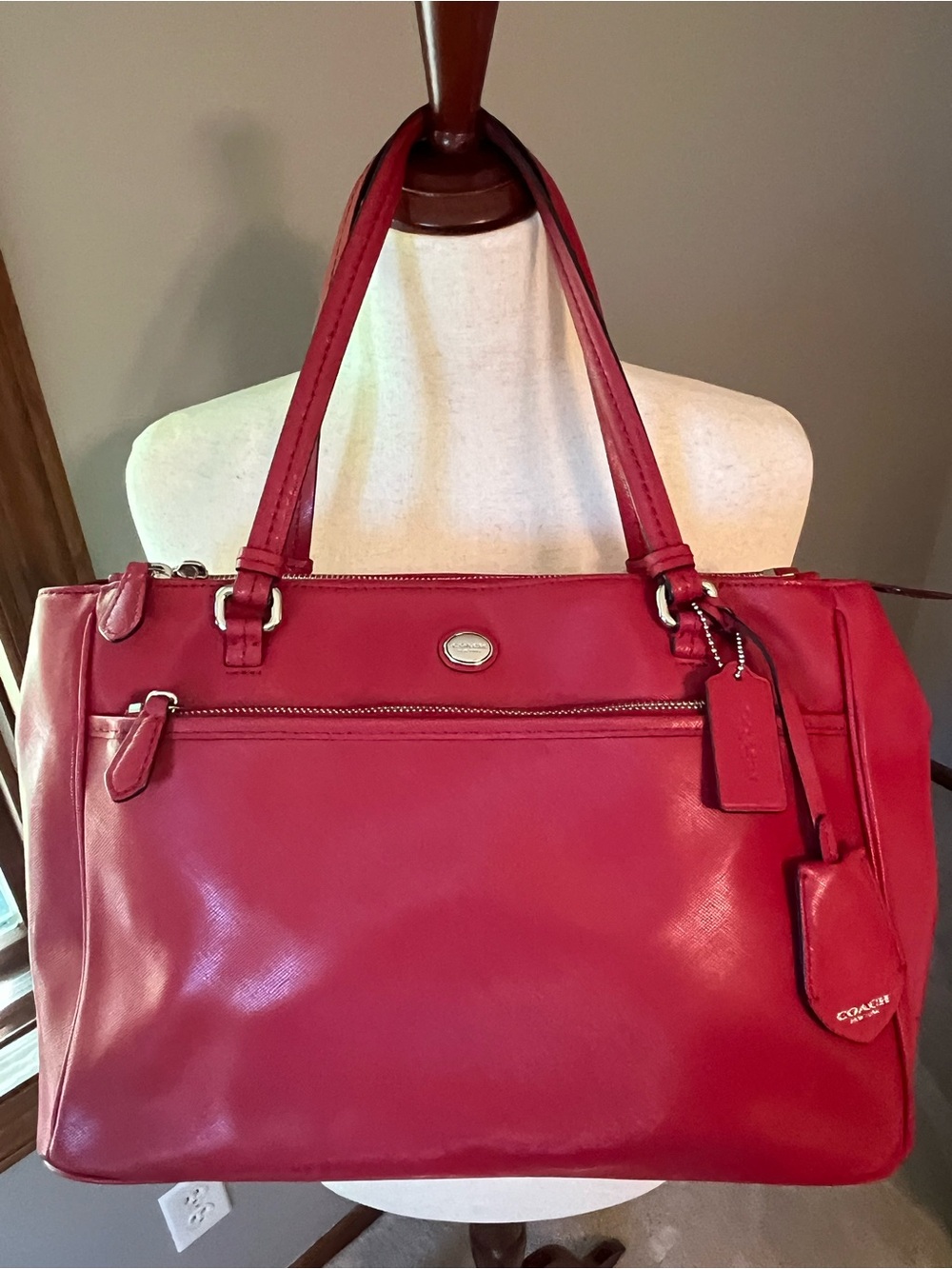 Coach Red Tote with Zip Pockets and Tag